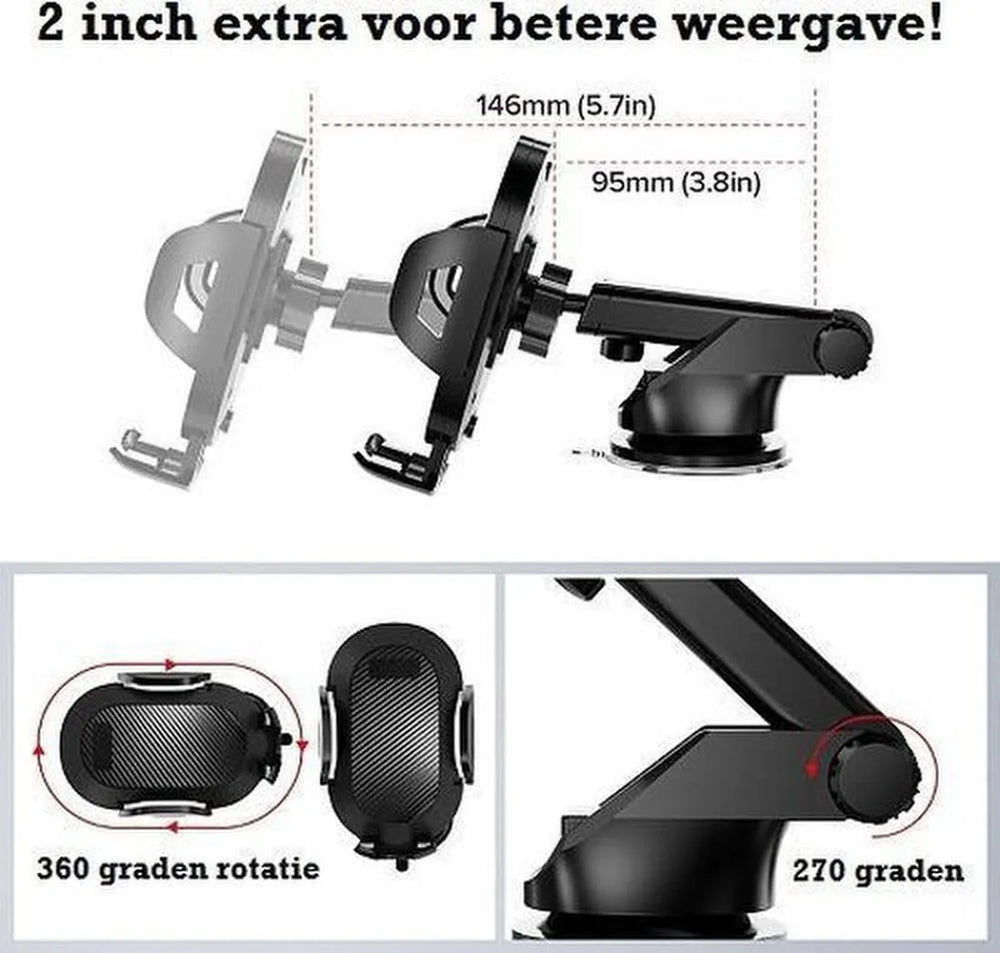 Telefoonhouder auto – Zuignap Dashboard/Voorruit – Verstelbare Arm – Sterke Grip – Zwart-Ilumina Benelux