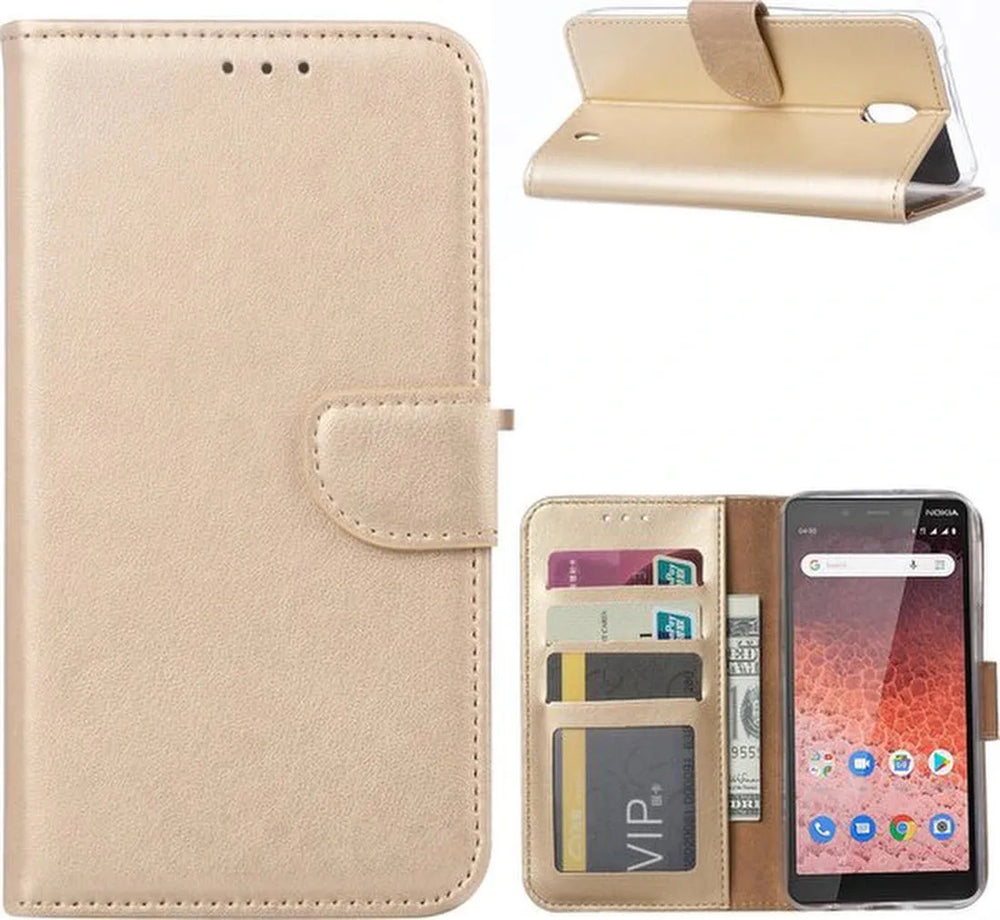 Nokia 1 Plus Hoesjes – Bookcase Portemonnee Hoes – Pasjeshouder – Magneetsluiting – Goud-Ilumina Benelux