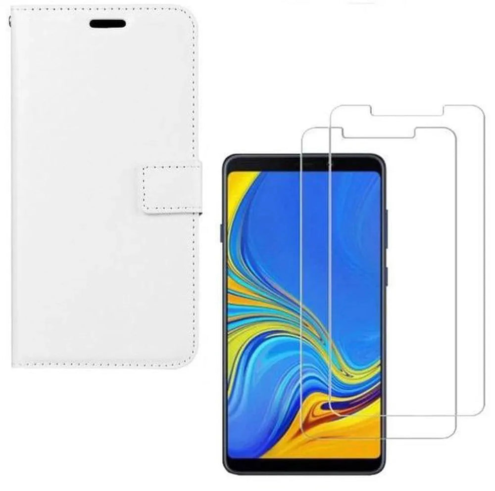 Samsung Galaxy A9 2018 Hoesjes – Portemonnee Hoes – Pasjeshouder – 2x Gehard Glas Screenprotector – Wit-Ilumina Benelux