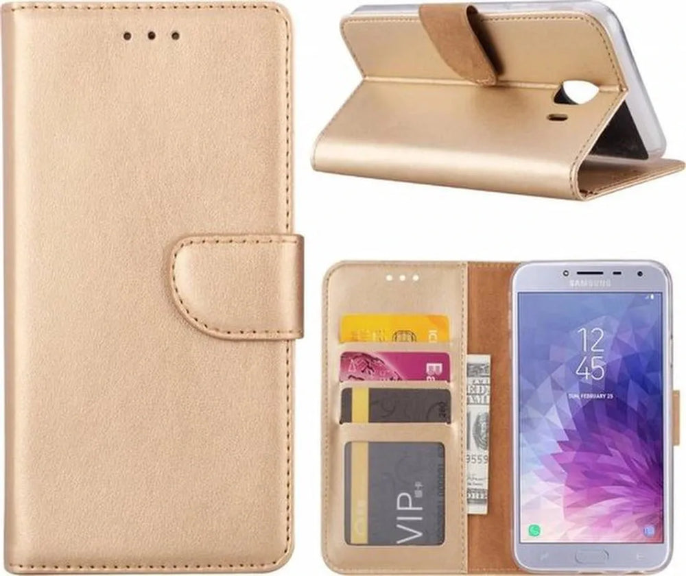 Samsung Galaxy J4 2018 Hoesjes – Portemonnee Hoes – Magneetsluiting – 2x Gehard Glas Screenprotector – Goud-Ilumina Benelux