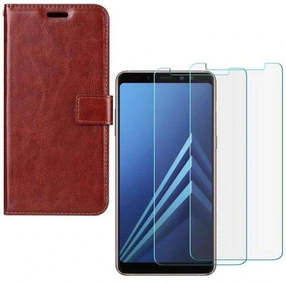 Samsung Galaxy A8 2018 Hoesjes – Portemonnee Hoes – Pasjeshouder – 2x Gehard Glas Screenprotector – Bruin-Ilumina Benelux
