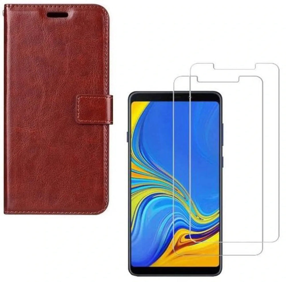 Samsung Galaxy A7 2018 Hoesjes – Portemonnee Hoes – Pasjeshouder – 2x Gehard Glas Screenprotector – Bruin-Ilumina Benelux