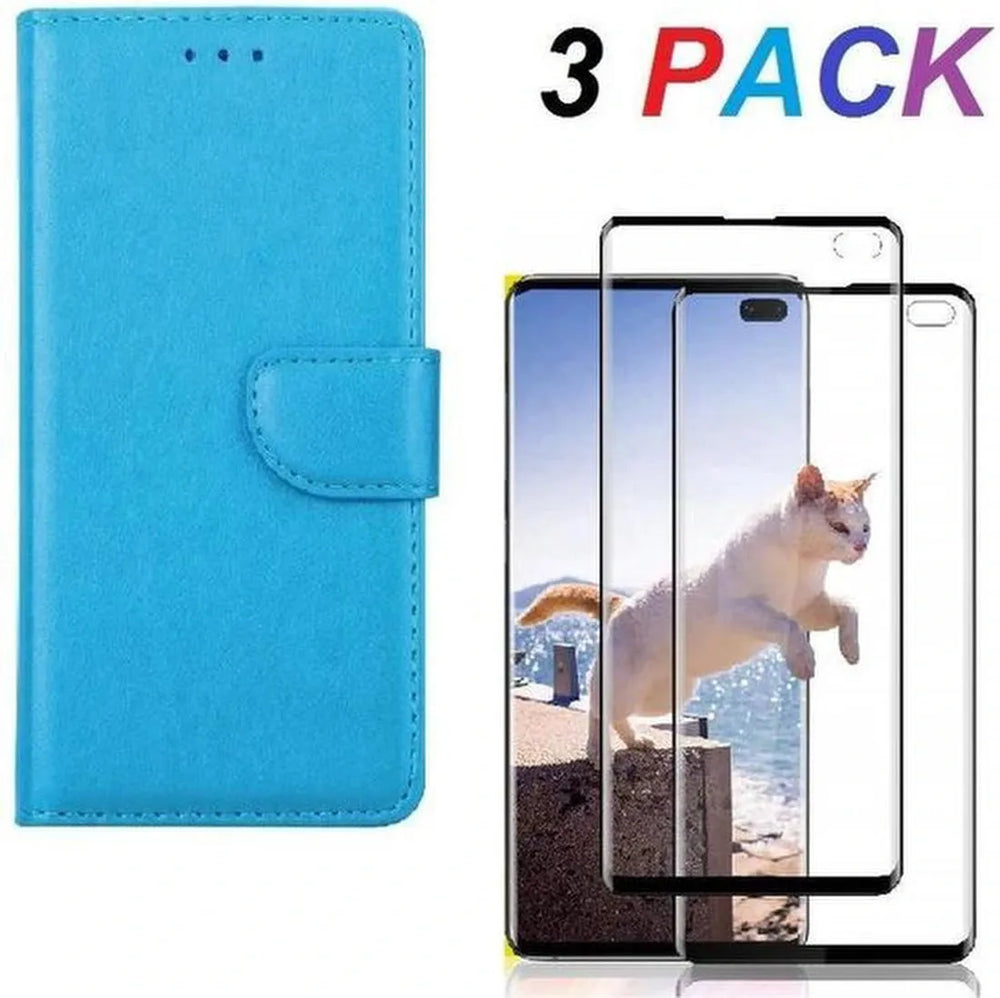 Samsung Galaxy S10+ Hoesjes – Bookcase Portemonnee Hoes – Magneetsluiting – 2x Gehard Glas Screenprotector – Turquoise-Ilumina Benelux