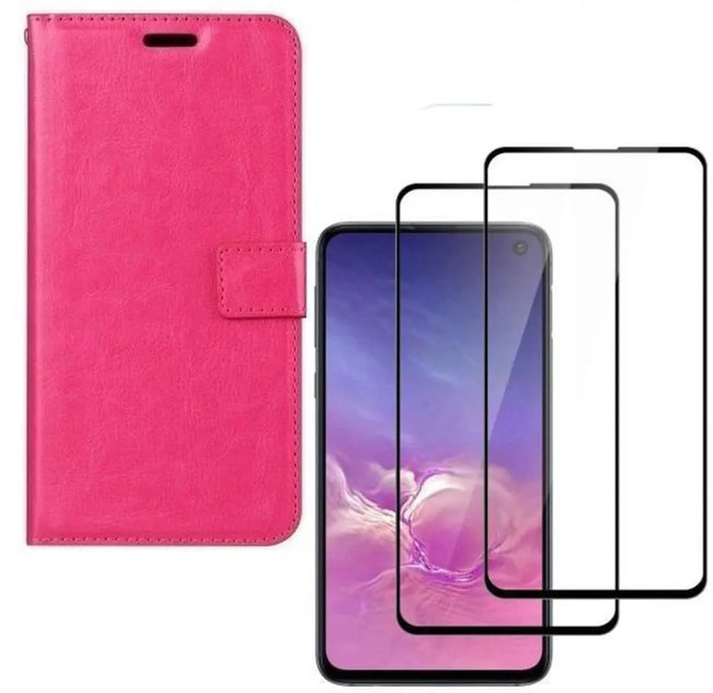 Samsung Galaxy S10e Hoesjes – Portemonnee Bookcase – Pasjeshouder – 2x Gehard Glas Screenprotector – Roze-Ilumina Benelux