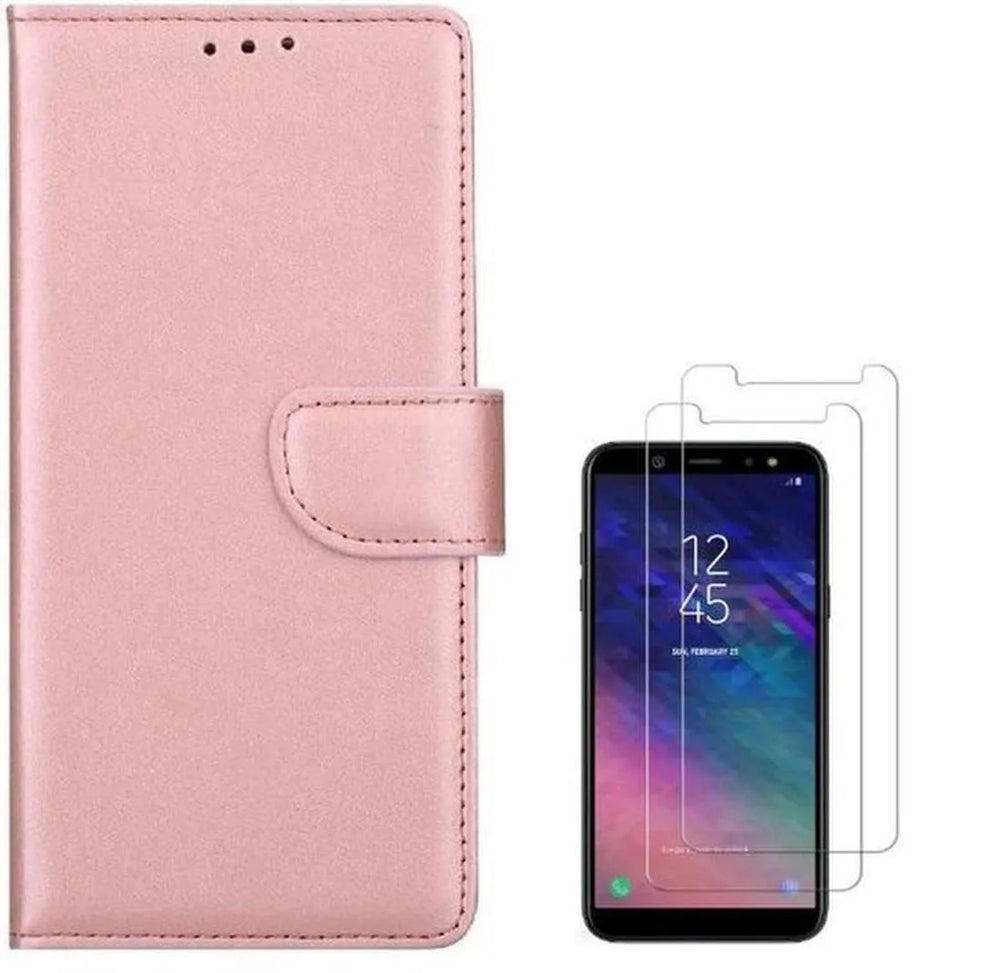 Samsung Galaxy A6 2018 Hoesjes – Portemonnee Hoes – Magneetsluiting – Inclusief 2x Glas Screenprotector – Roségoud-Ilumina Benelux