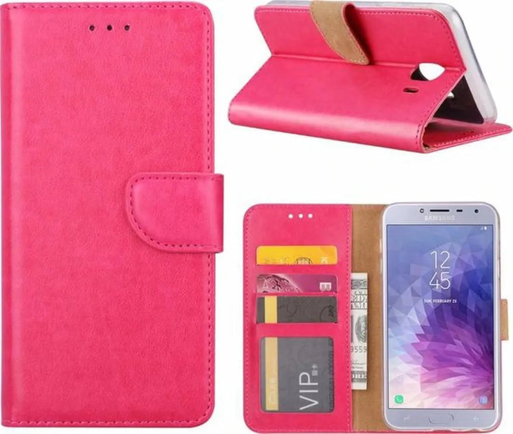 Samsung Galaxy J4 Plus 2018 Hoesjes – Portemonnee Hoes – Pasjeshouder – 2x Gehard Glas Screenprotector – Roze-Ilumina Benelux