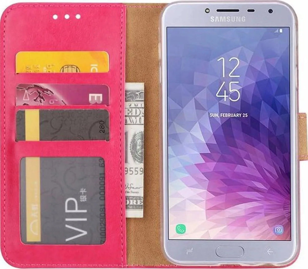 Samsung Galaxy J4 Plus 2018 Hoesjes – Portemonnee Hoes – Pasjeshouder – 2x Gehard Glas Screenprotector – Roze-Ilumina Benelux