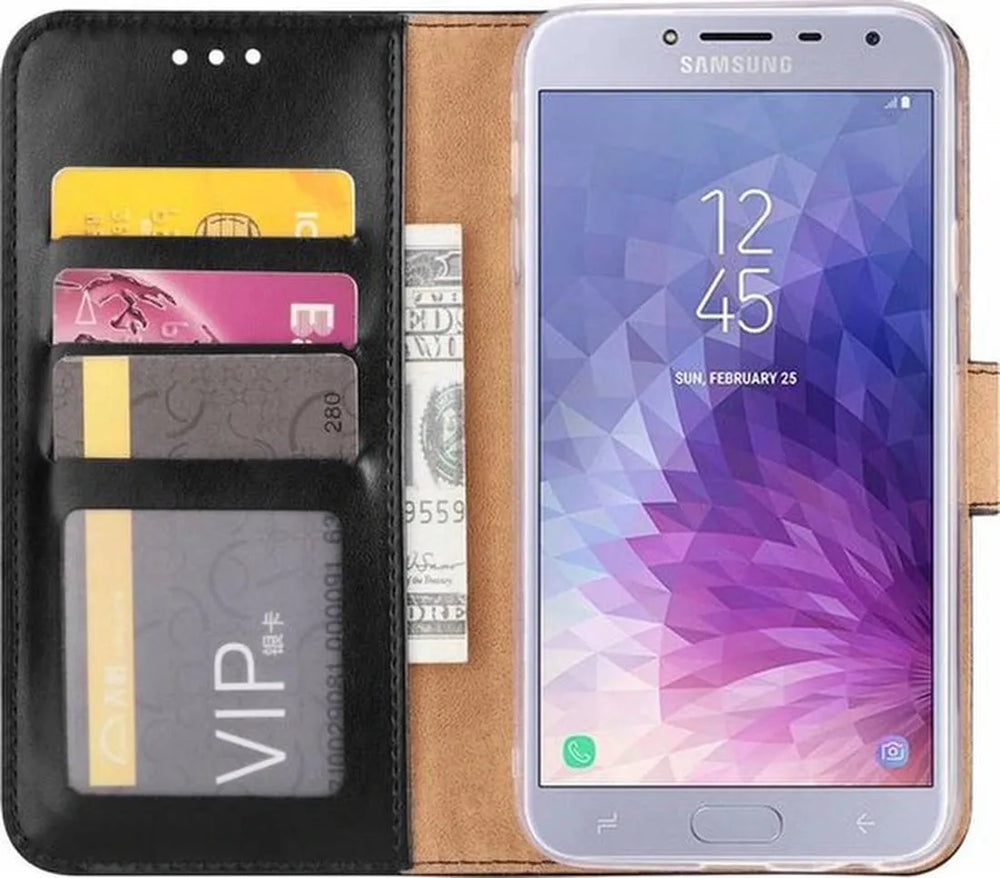 Samsung Galaxy J4 2018 Hoesjes – Portemonnee Hoes – Magneetsluiting – 2x Gehard Glas Screenprotector – Zwart-Ilumina Benelux