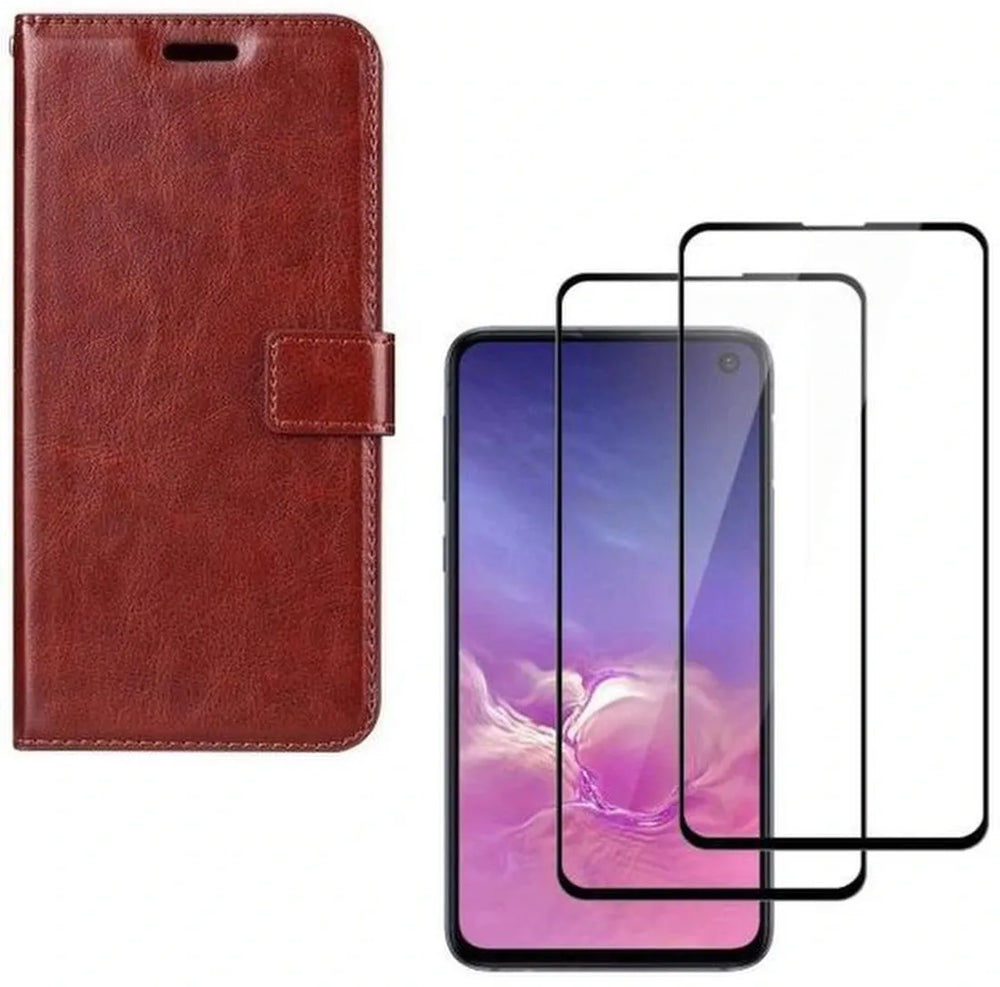 Samsung Galaxy S10+ Hoesjes – Bookcase Portemonnee – Magneetsluiting – 2x Gehard Glas Screenprotector – Bruin-Ilumina Benelux