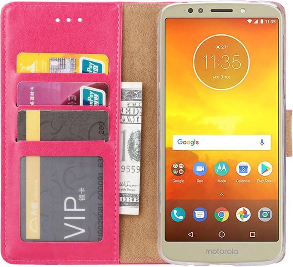 Motorola Moto E5 Hoesjes – Portemonnee Hoes – Pasjeshouder – Magneetsluiting – Roze-Ilumina Benelux