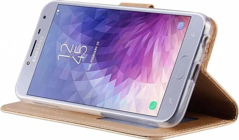 Samsung Galaxy J4 Plus 2018 Hoesjes – Portemonnee Hoes – Magneetsluiting – Pasjeshouder – Goud + 2x Gehard Glas Screenprotector-Ilumina Benelux
