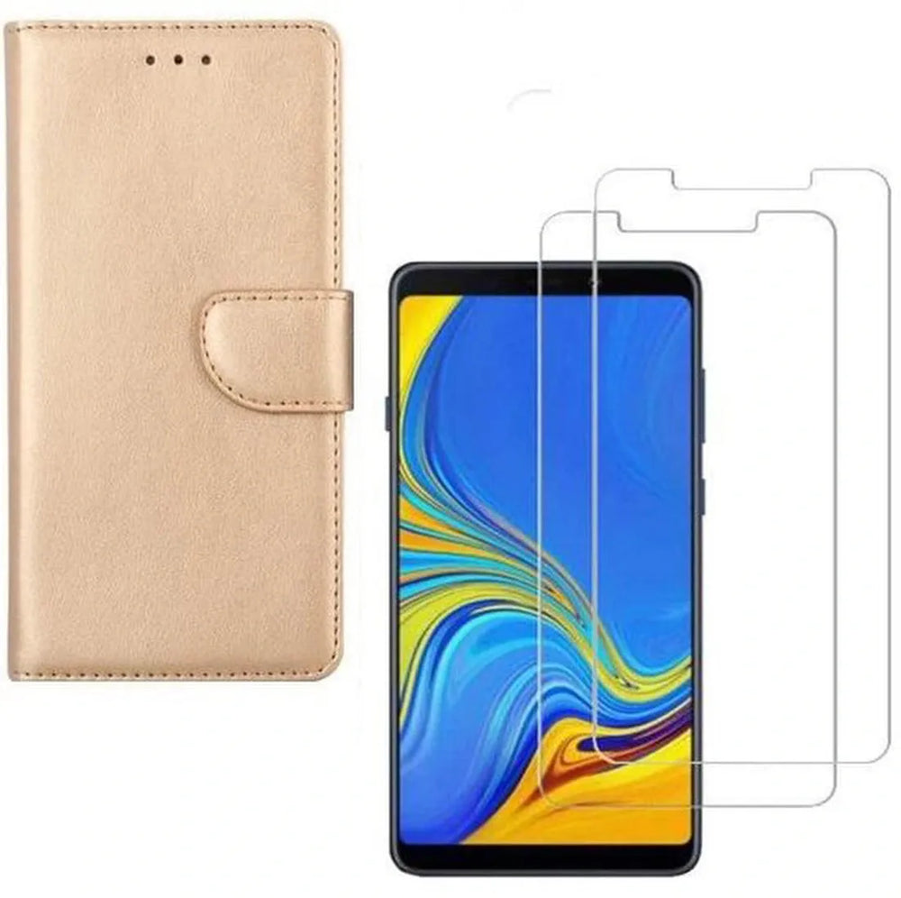 Samsung Galaxy A9 2018 Hoesjes – Portemonnee Hoes – Magneetsluiting – 2x Gehard Glas Screenprotector – Goud-Ilumina Benelux