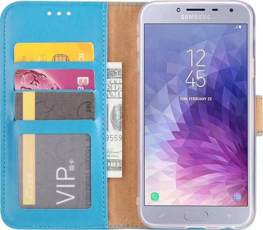 Samsung Galaxy J4 2018 Hoesjes – Portemonnee Hoes – Pasjeshouder – 2x Gehard Glas Screenprotector – Turquoise-Ilumina Benelux