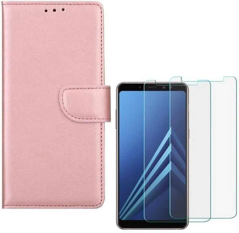 Samsung Galaxy A8 2018 Hoesjes – Portemonnee Hoes – Magneetsluiting – 2x Gehard Glas Screenprotector – Roségoud-Ilumina Benelux
