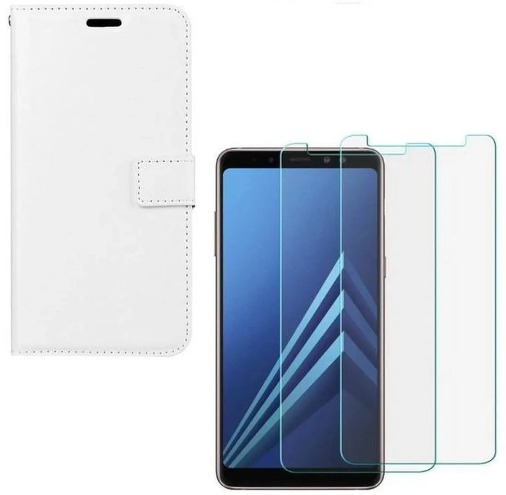 Samsung Galaxy A8 2018 Hoesjes – Portemonnee Hoes – Pasjeshouder – 2x Gehard Glas Screenprotector – Wit-Ilumina Benelux