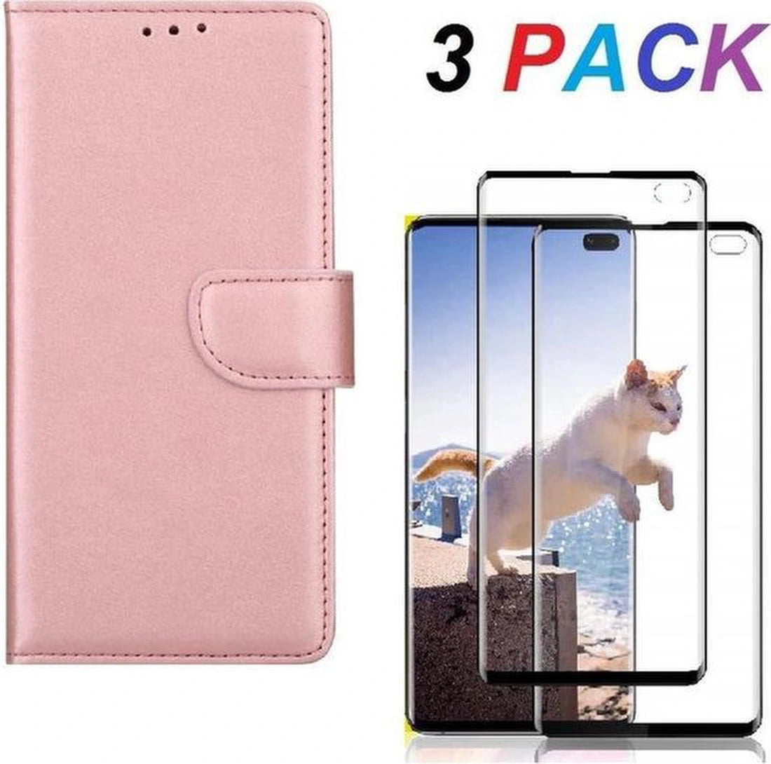 Samsung Galaxy S10+ Hoesjes – Bookcase Portemonnee – Magneetsluiting – 2x Gehard Glas Screenprotector – Roségoud