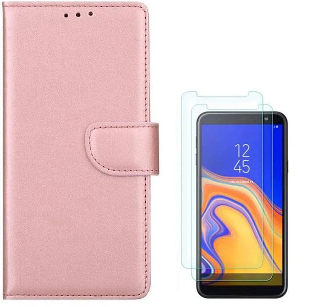 Samsung Galaxy J6 2018 Hoesjes – Portemonnee Hoes – Magneetsluiting – Inclusief 2x Gehard Glas Screenprotector – Roségoud
