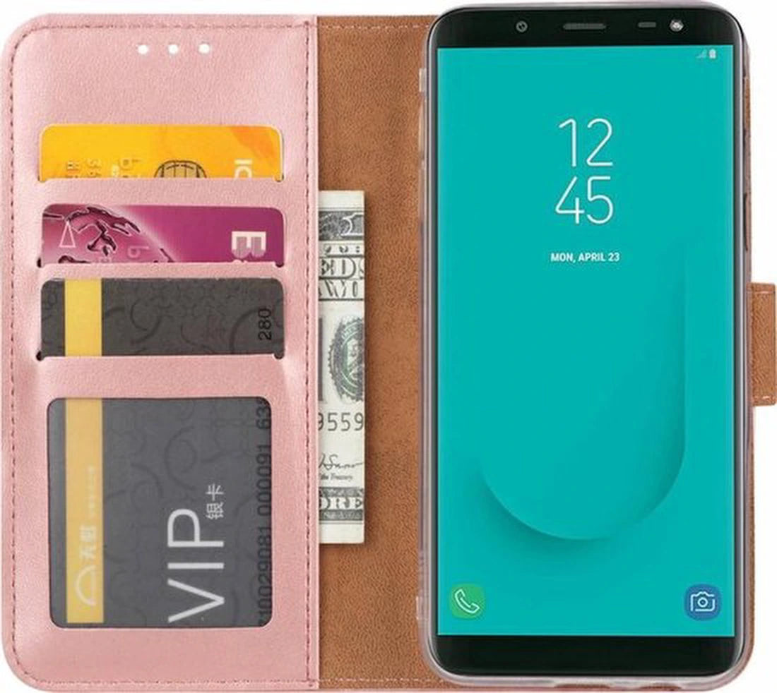 Samsung Galaxy J6 2018 Hoesjes – Portemonnee Hoes – Magneetsluiting – Inclusief 2x Gehard Glas Screenprotector – Roségoud
