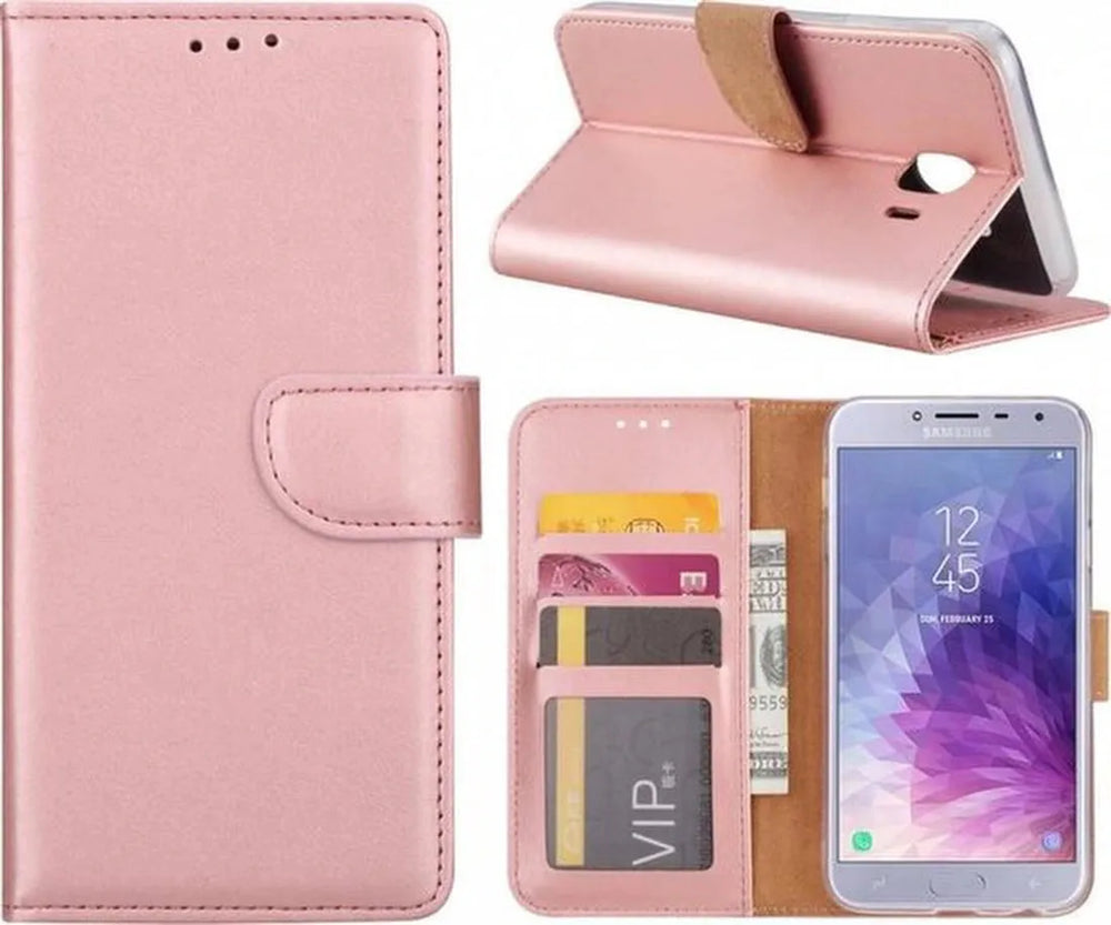 Samsung Galaxy J4 2018 Hoesjes – Portemonnee Hoes – Pasjeshouder – 2x Gehard Glas Screenprotector – Roségoud-Ilumina Benelux