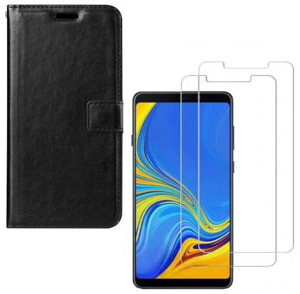 Samsung Galaxy A9 2018 Hoesjes – Portemonnee Hoes – Pasjeshouder – 2x Gehard Glas Screenprotector – Zwart-Ilumina Benelux