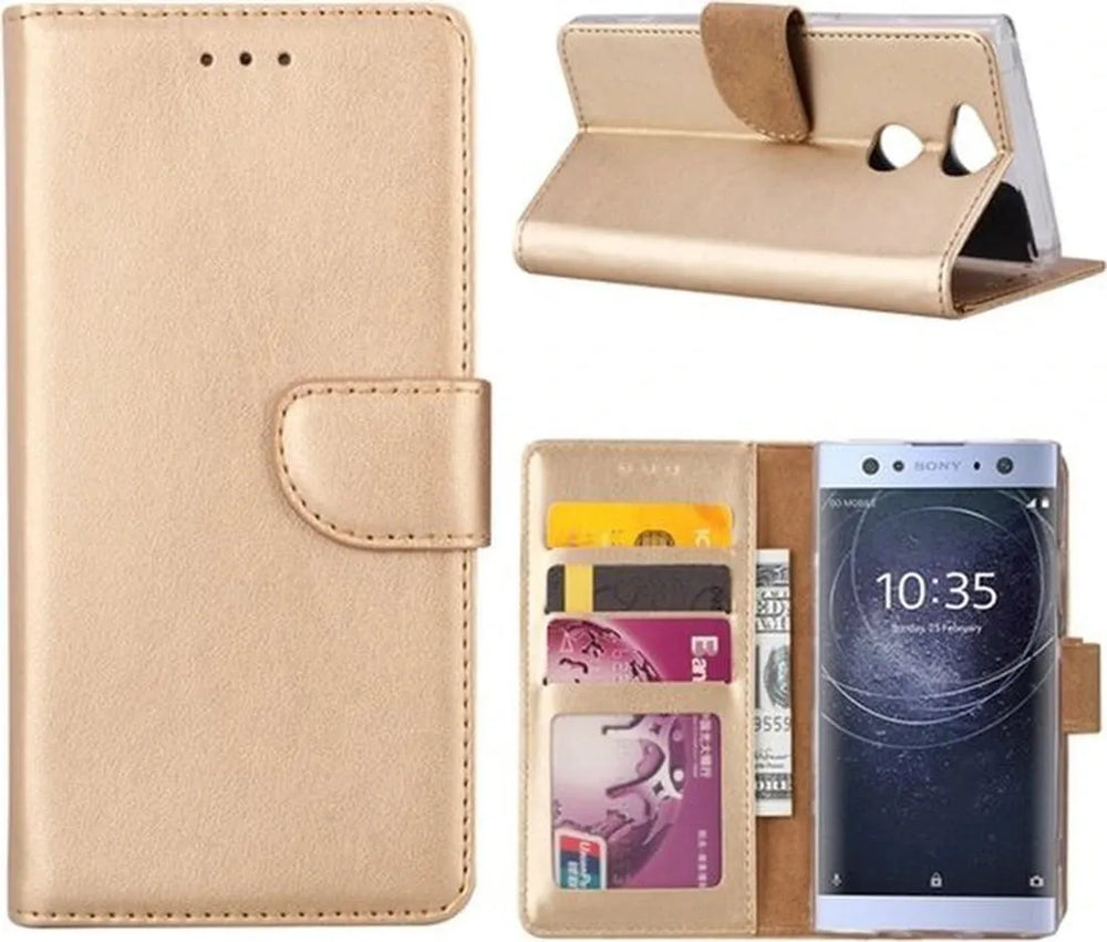 Sony Xperia XA2 Hoesjes – Portemonnee Hoes – Bookcase – Pasjeshouder – Magneetsluiting – Goud-Ilumina Benelux
