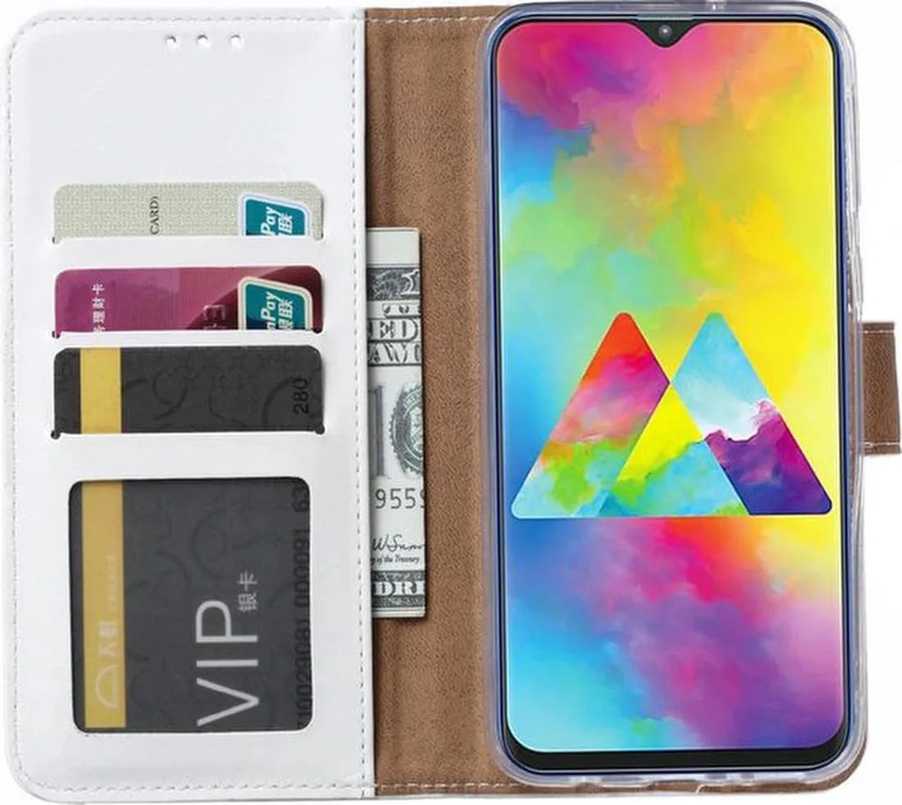 Samsung Galaxy M20 Hoesjes – Portemonnee Hoes – Pasjeshouder – Magneetsluiting – Wit-Ilumina Benelux