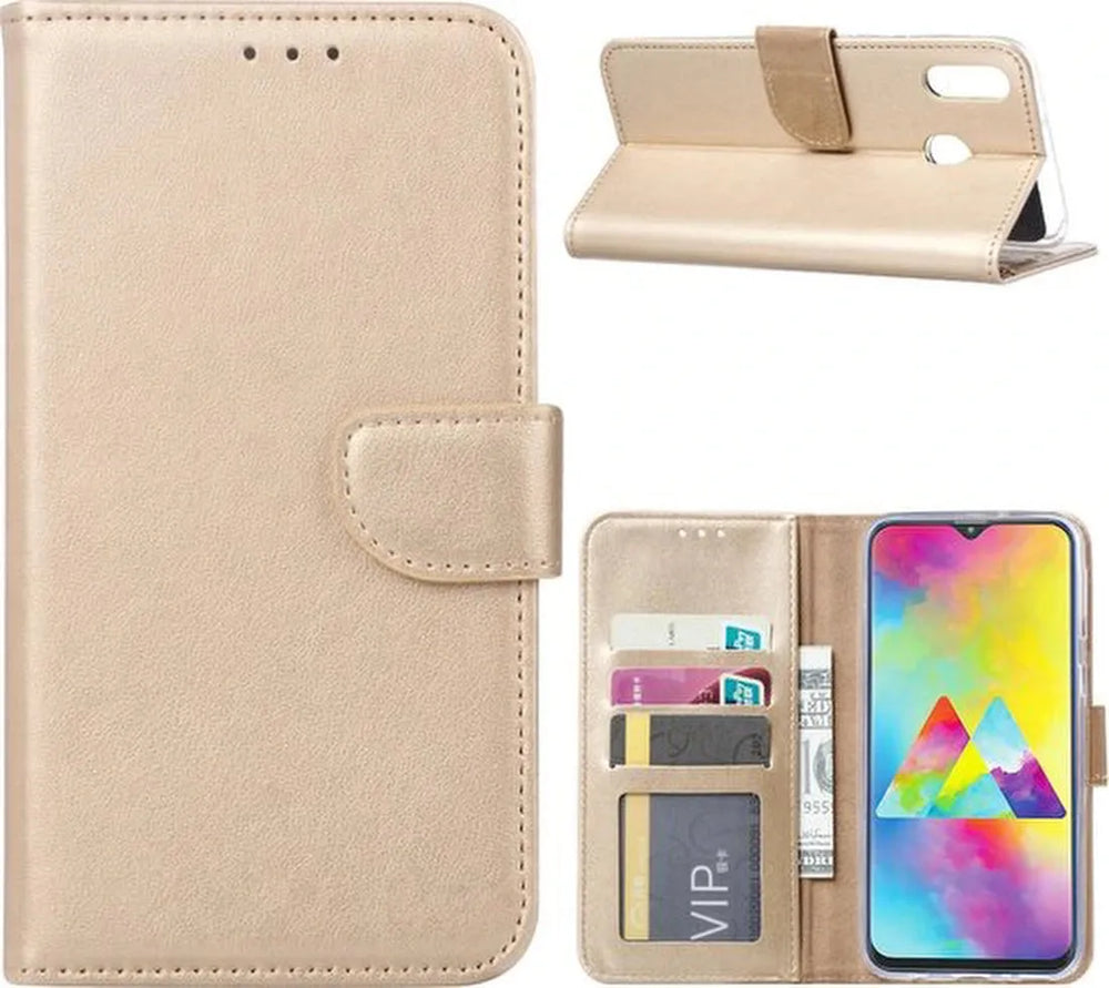 Samsung Galaxy M20 Hoesjes – Portemonnee Hoes – Pasjeshouder – Magneetsluiting – Goud-Ilumina Benelux