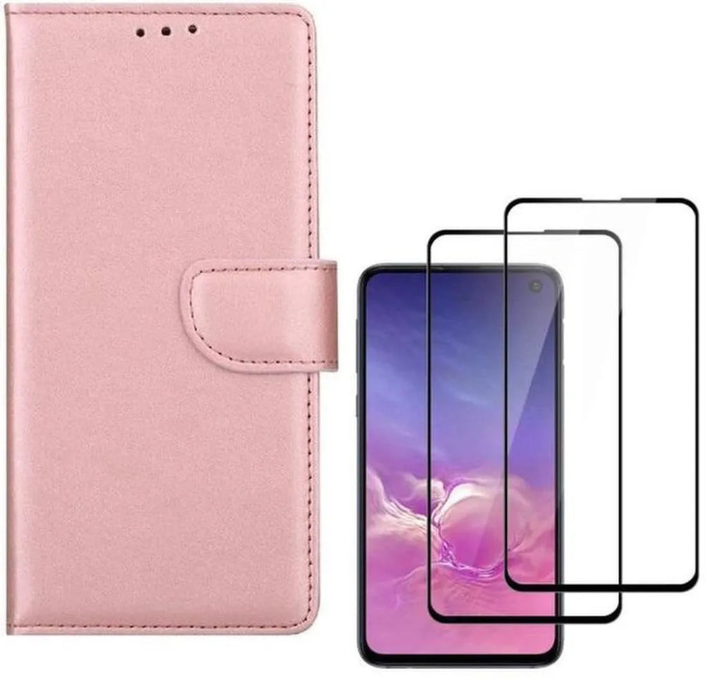 Samsung Galaxy S10e Hoesjes – Bookcase Portemonnee – Magneetsluiting – 2x Gehard Glas Screenprotector – Roségoud-Ilumina Benelux