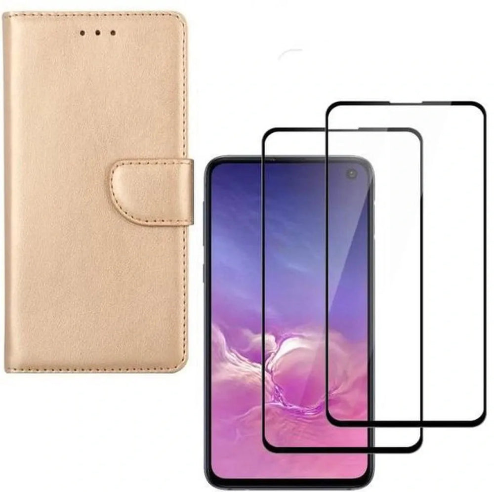 Samsung Galaxy S10e Hoesjes – Bookcase Portemonnee – Magneetsluiting – 2x Gehard Glas Screenprotector – Goud-Ilumina Benelux