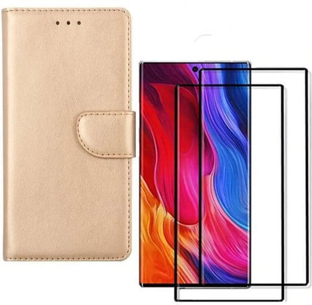 Samsung Galaxy Note 10 Hoesjes – Portemonnee Hoes – Magneetsluiting – 2x Gehard Glas Screenprotector – Goud-Ilumina Benelux