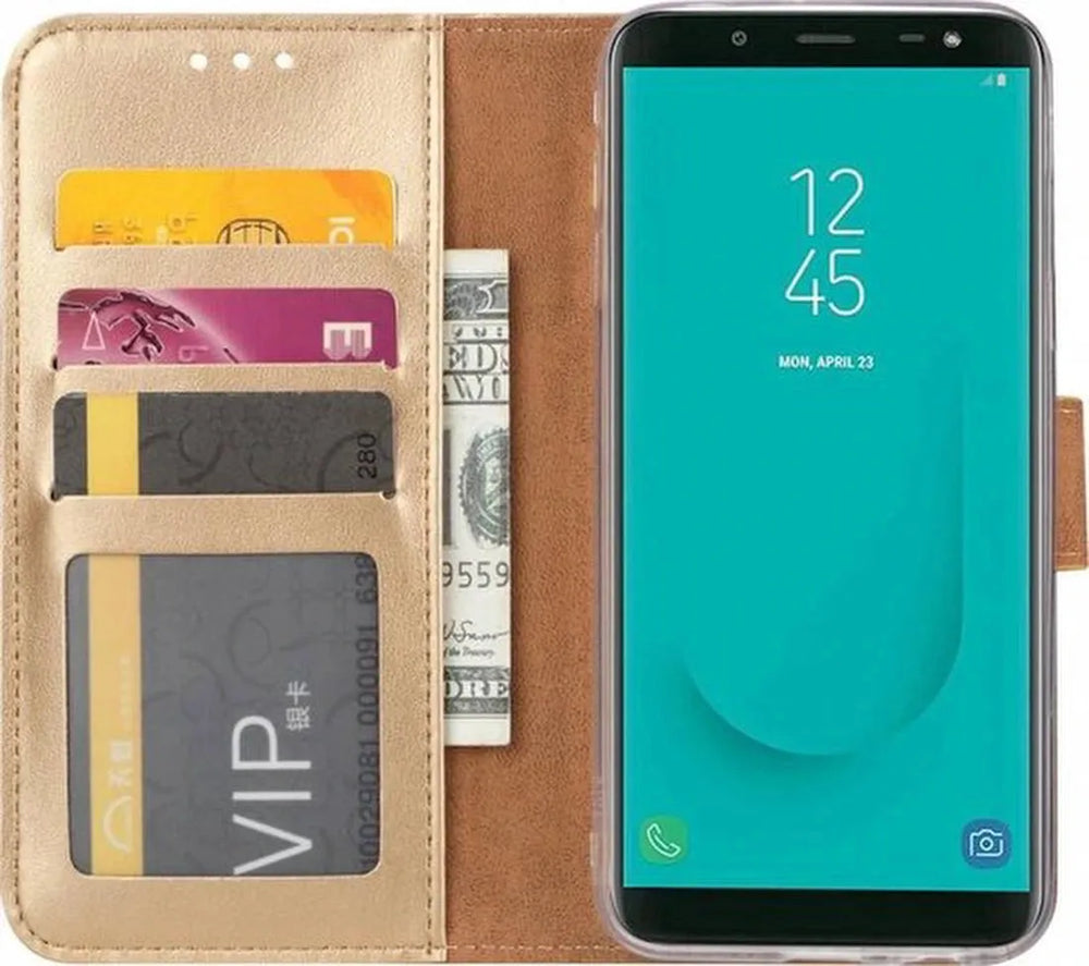 Samsung Galaxy J6 2018 Hoesjes – Portemonnee Hoes – Magneetsluiting – Pasjeshouder – Goud + 2x Gehard Glas Screenprotector-Ilumina Benelux