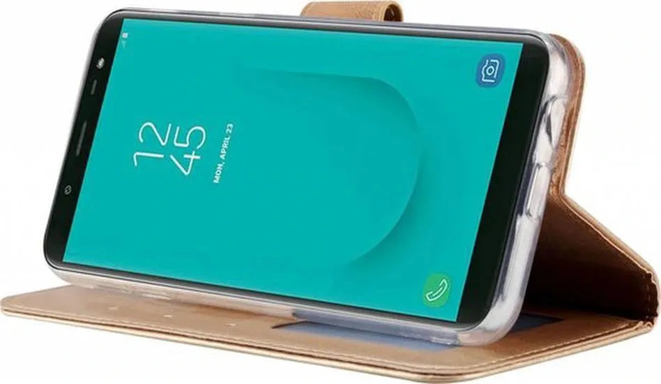 Samsung Galaxy J6 2018 Hoesjes – Portemonnee Hoes – Magneetsluiting – Pasjeshouder – Goud + 2x Gehard Glas Screenprotector-Ilumina Benelux
