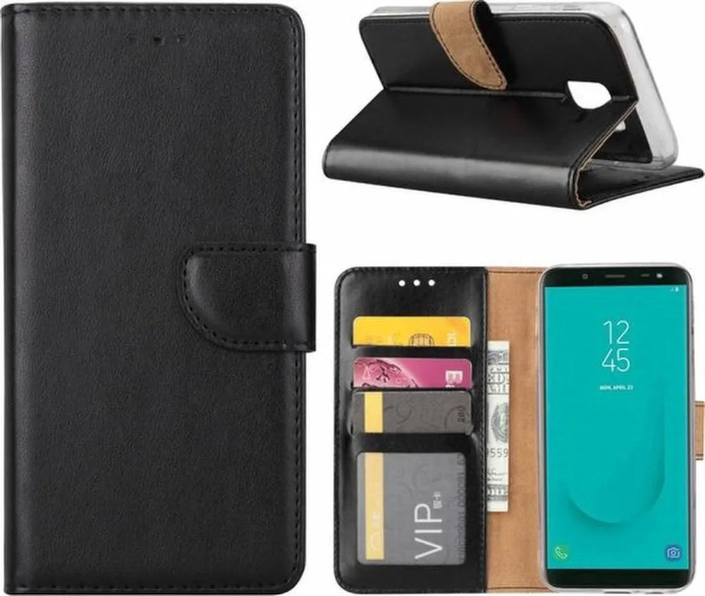 Samsung Galaxy J6 2018 Hoesjes – Portemonnee Hoes – Pasjeshouder – 2x Gehard Glas Screenprotector – Zwart-Ilumina Benelux