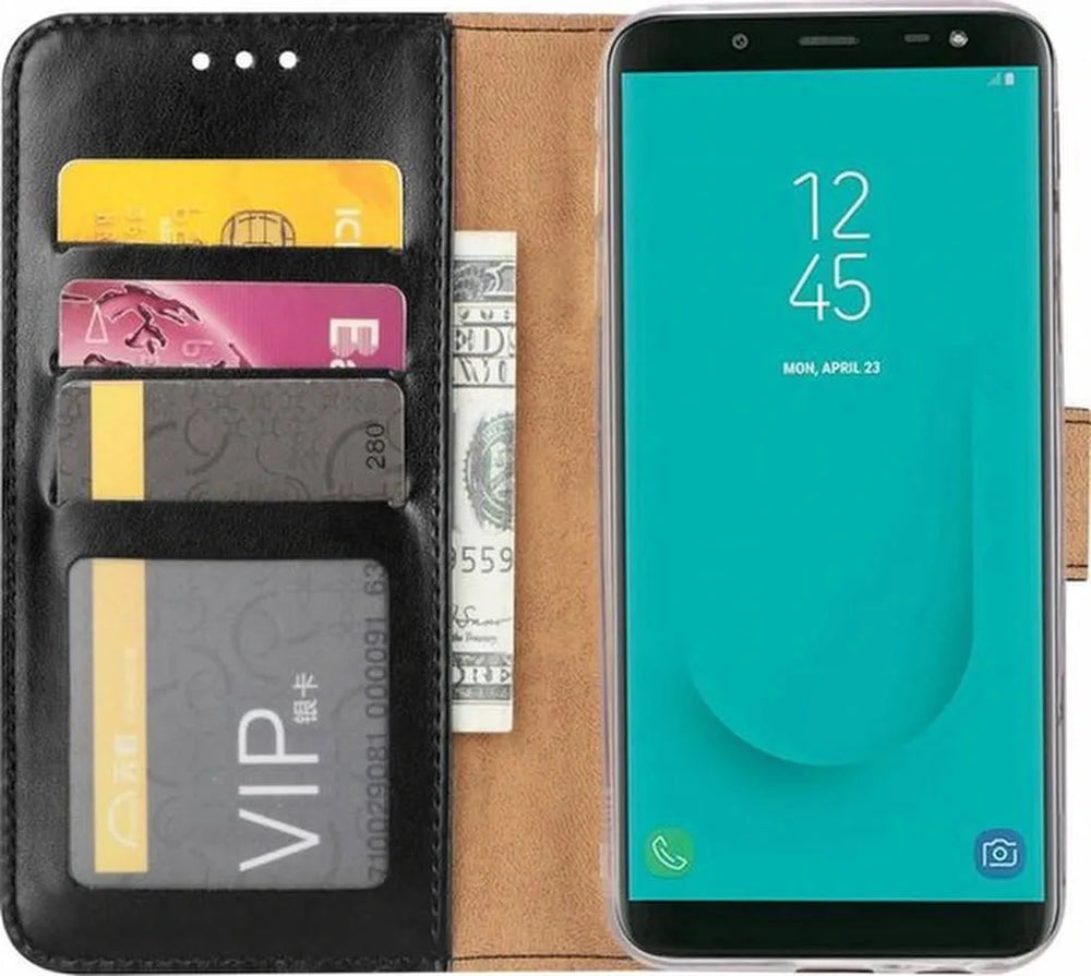 Samsung Galaxy J6 Plus 2018 Hoesjes – Portemonnee Hoes – Magneetsluiting – 2x Gehard Glas Screenprotector – Zwart-Ilumina Benelux