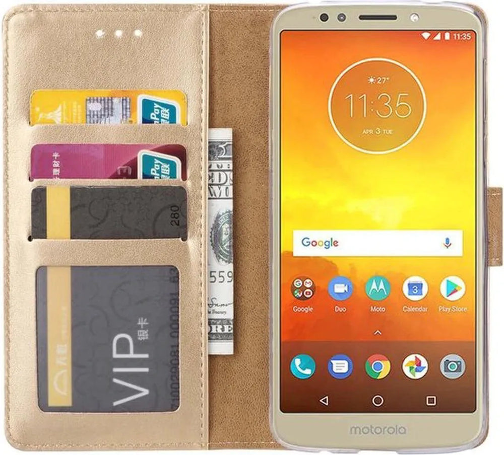 Motorola Moto E5 Plus Hoesjes – Portemonnee Bookcase – Pasjeshouder – Magneetsluiting – Goud-Ilumina Benelux