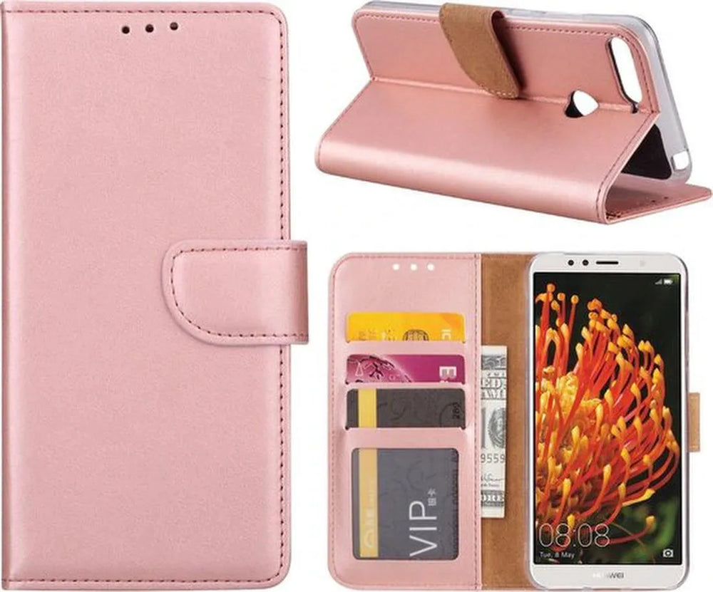 Huawei Y6 Pro 2017 Hoesjes – Bookcase Portemonnee – Pasjeshouder – Magneetsluiting – Roségoud-Ilumina Benelux