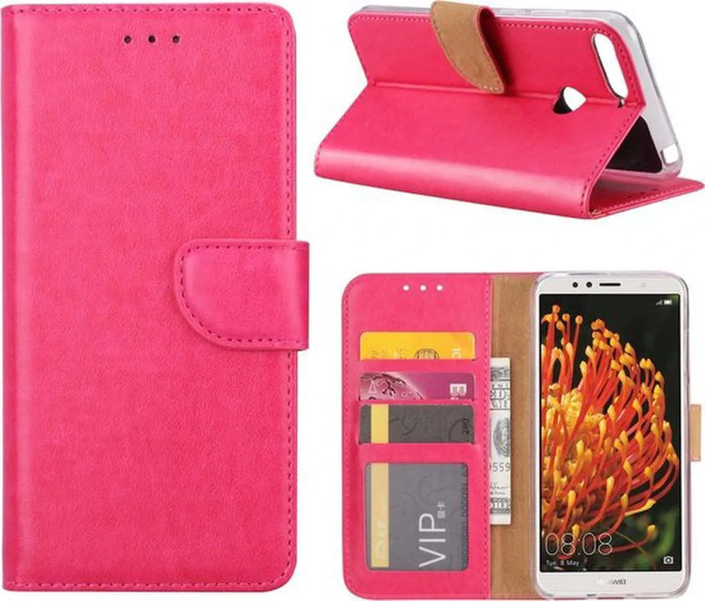 Huawei Y6 Pro 2017 Hoesjes – Bookcase Portemonnee Hoes – Pasjeshouder – Magneetsluiting – Roze-Ilumina Benelux