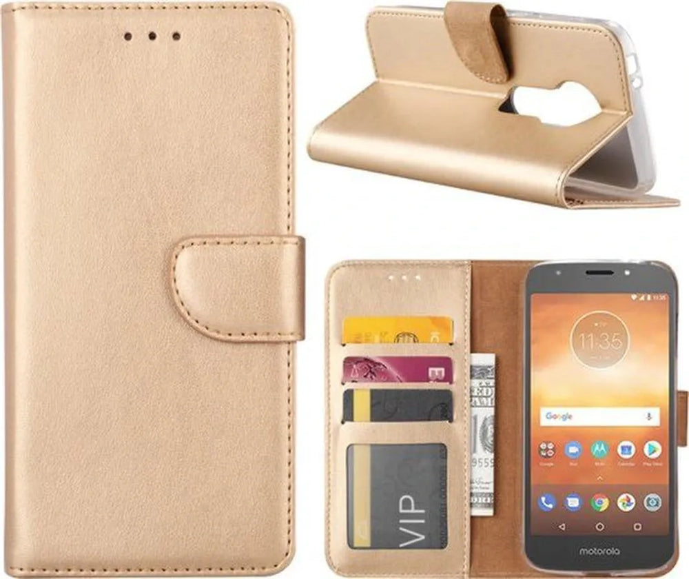 Motorola Moto E5 Play Hoesjes – Bookcase Portemonnee – Pasjeshouder – Magneetsluiting – Goud-Ilumina Benelux
