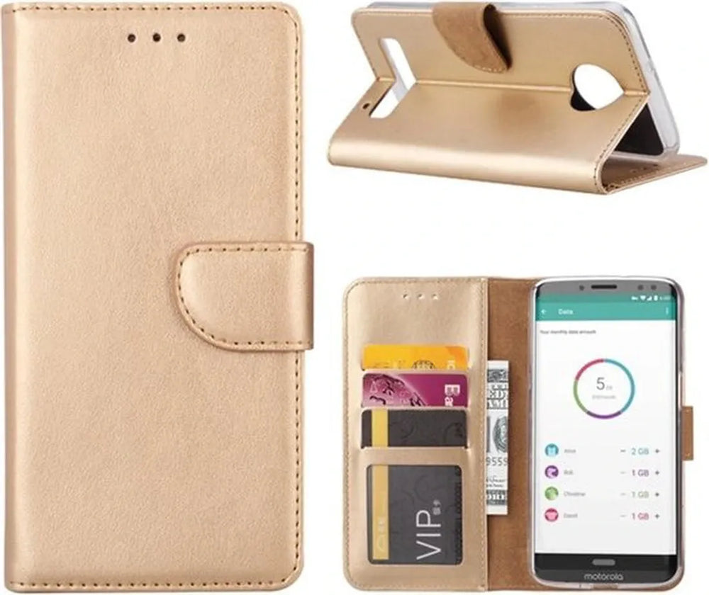 Motorola Moto Z2 Play Hoesjes – Portemonnee Bookcase – Pasjeshouder – Magneetsluiting – Goud-Ilumina Benelux