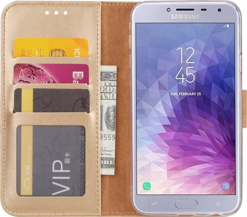 Samsung Galaxy J4 Plus 2018 Hoesjes – Bookcase Portemonnee Hoes – Pasjeshouder – Magneetsluiting – Goud-Ilumina Benelux