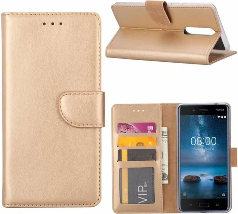 Nokia 6.1 Hoesjes – Bookcase Portemonnee Hoes – Pasjeshouder – Magneetsluiting – Goud-Ilumina Benelux