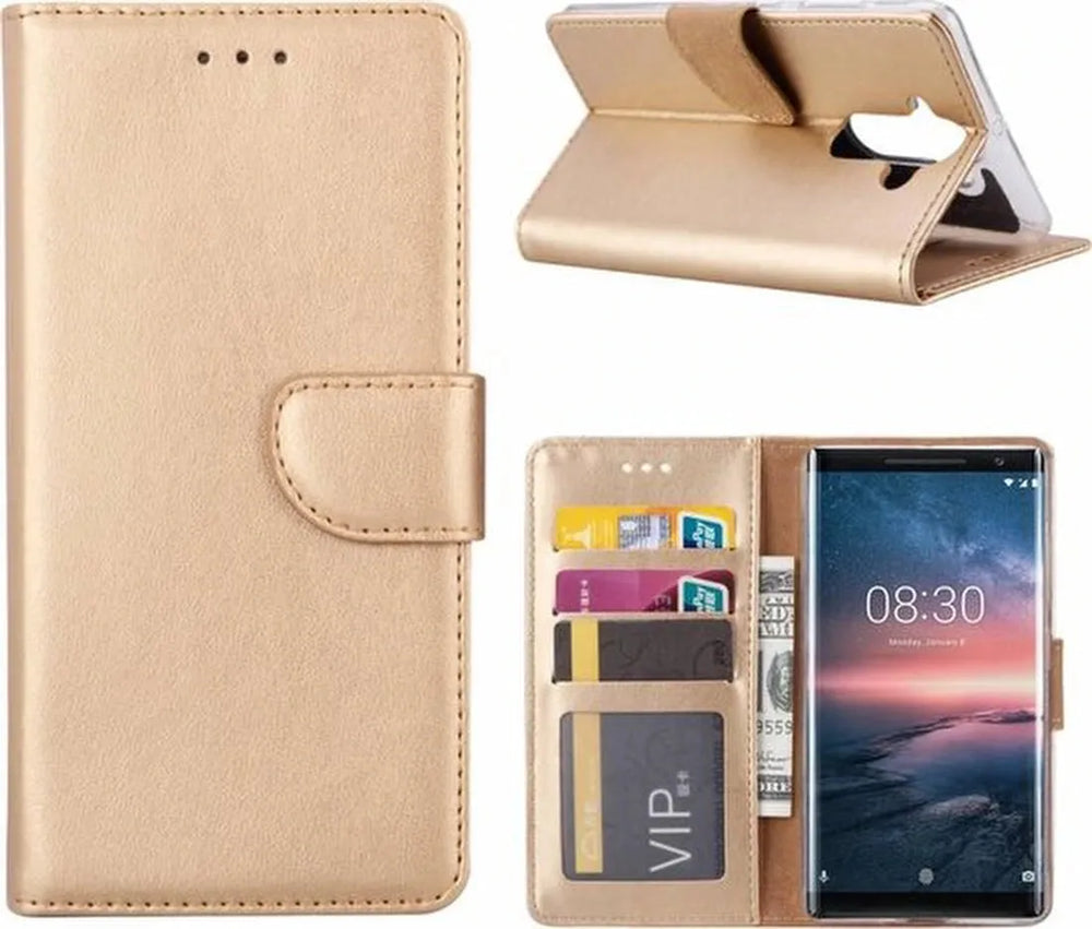 Nokia 8 Sirocco Hoesjes – Bookcase Portemonnee – Pasjeshouder – Magneetsluiting – Goud-Ilumina Benelux