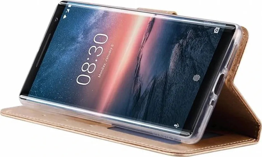Nokia 8 Sirocco Hoesjes – Bookcase Portemonnee – Pasjeshouder – Magneetsluiting – Goud-Ilumina Benelux