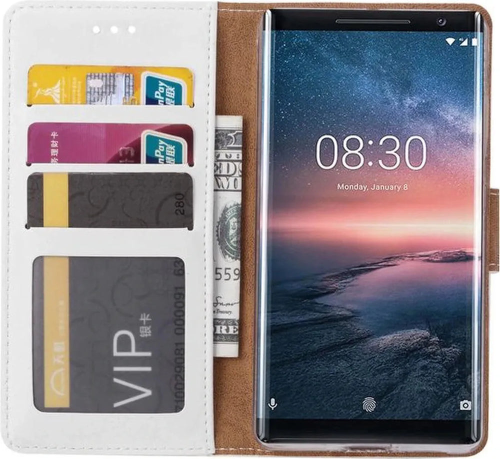 Nokia 8 Sirocco Hoesjes – Bookcase Portemonnee Hoes – Pasjeshouder – Magneetsluiting – Wit-Ilumina Benelux