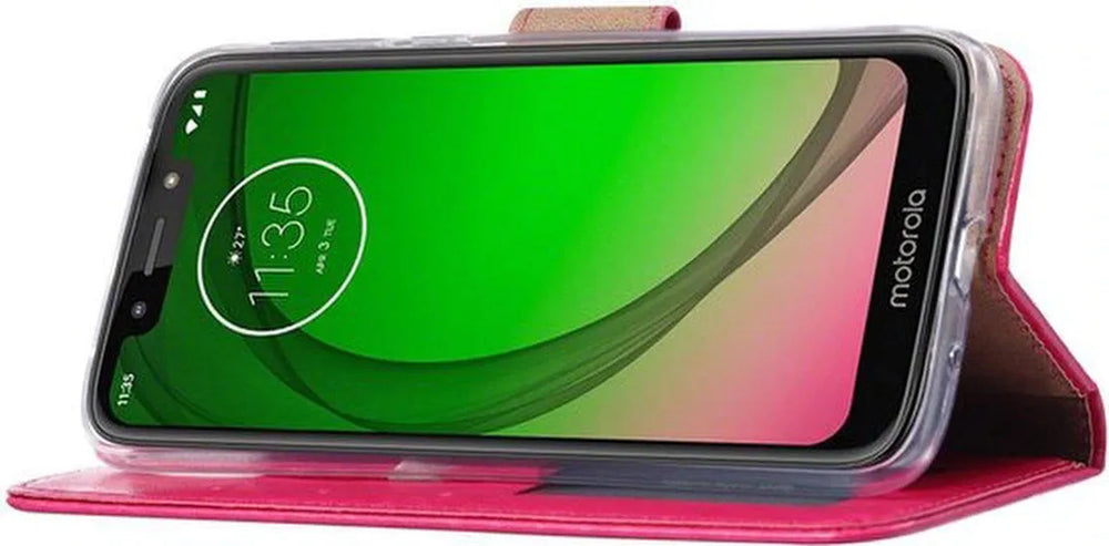 Motorola Moto G7 Play Hoesjes – Bookcase Portemonnee Hoes – Pasjeshouder – Magneetsluiting – Roze-Ilumina Benelux