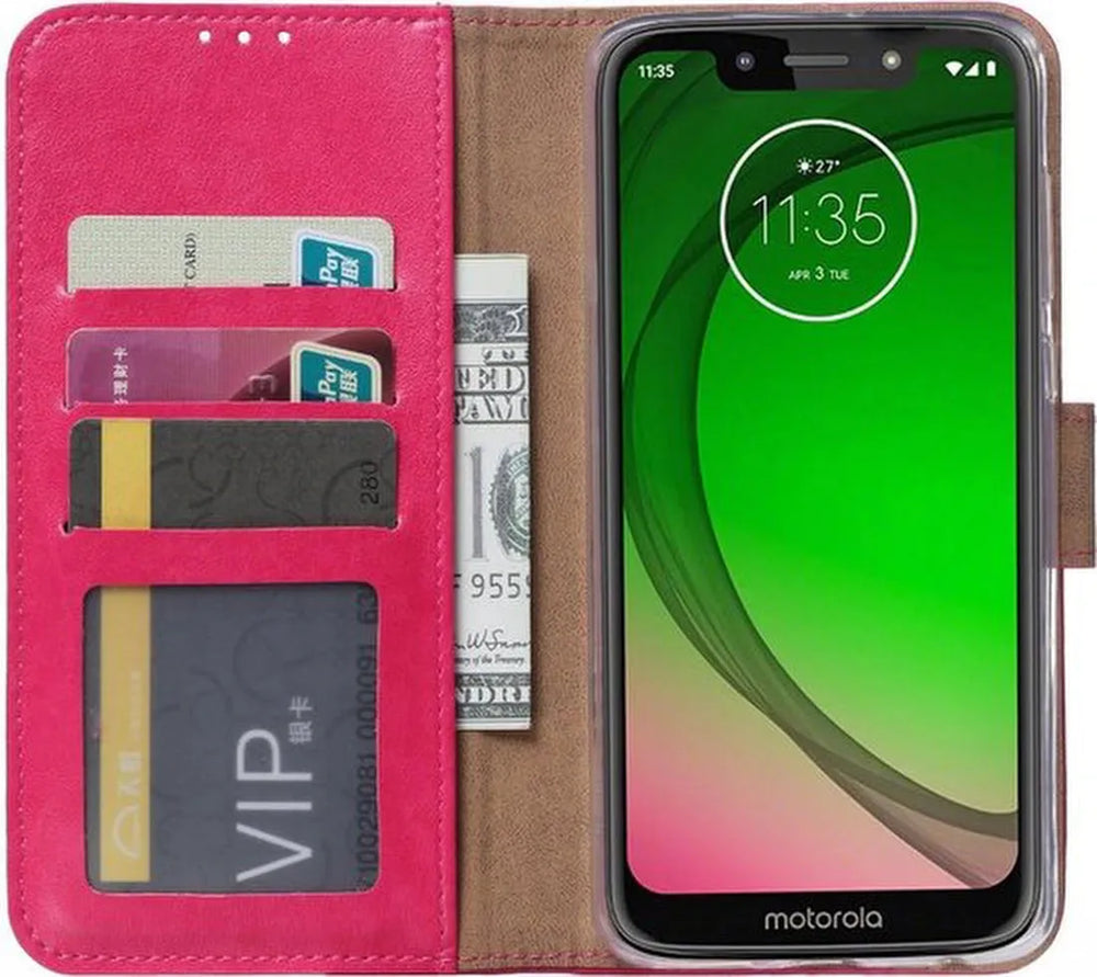 Motorola Moto G7 Play Hoesjes – Bookcase Portemonnee Hoes – Pasjeshouder – Magneetsluiting – Roze-Ilumina Benelux