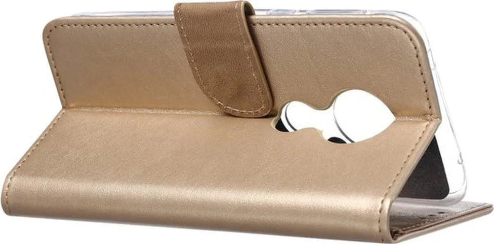 Motorola Moto G7 Play Hoesjes – Bookcase Portemonnee – Pasjeshouder – Magneetsluiting – Goud-Ilumina Benelux