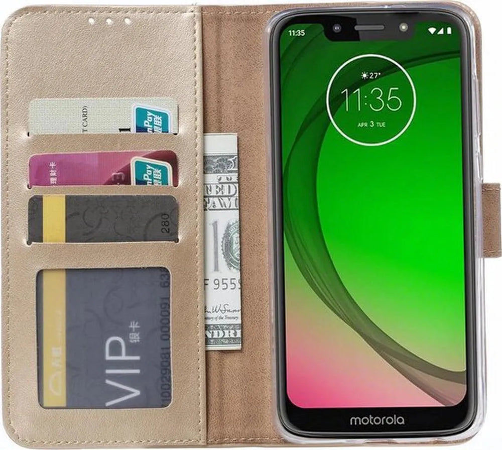 Motorola Moto G7 Play Hoesjes – Bookcase Portemonnee – Pasjeshouder – Magneetsluiting – Goud-Ilumina Benelux