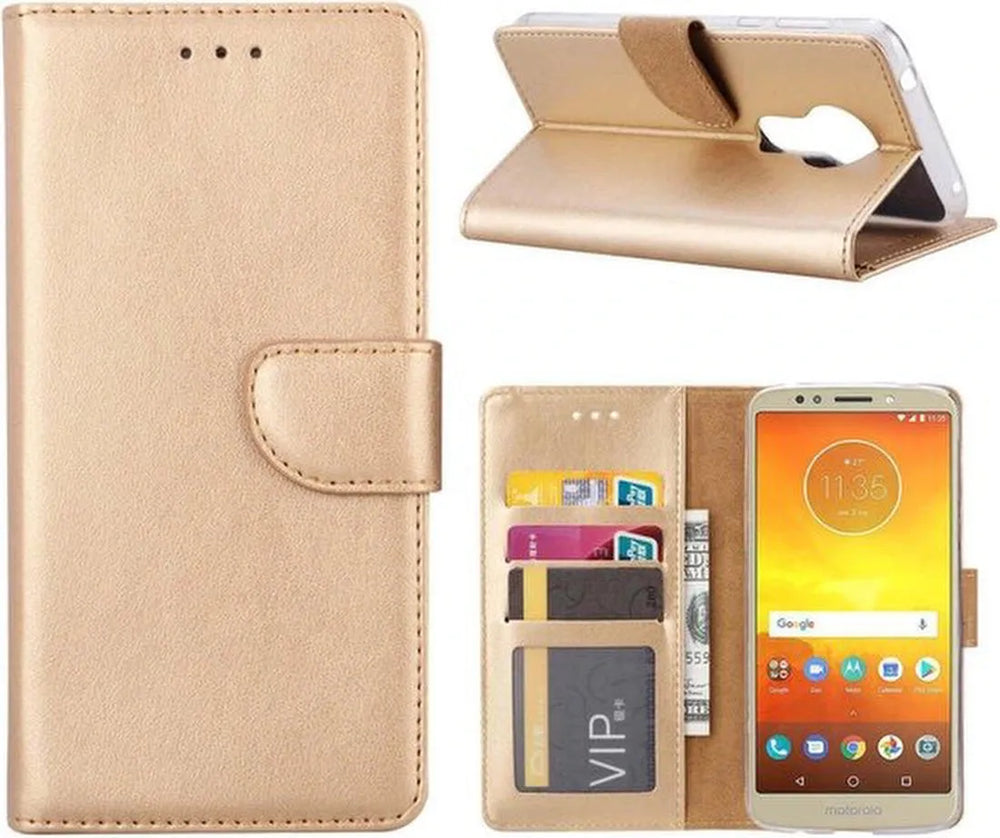 Motorola Moto E5 Hoesjes – Portemonnee Hoes – Pasjeshouder – Magneetsluiting – Goud-Ilumina Benelux