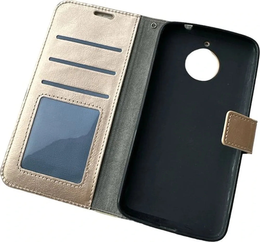 Motorola Moto E4 Hoesjes – Portemonnee Hoes – Bookcase – Pasjeshouder – Magneetsluiting – Goud-Ilumina Benelux